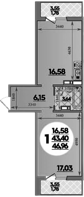1-комн., 43.4 м², 8/9 этаж, ЖК «Южная долина»