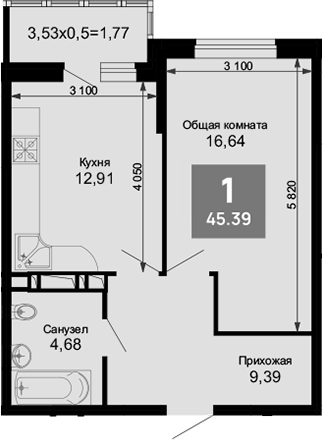 1-комн., 43.62 м², 15/15 этаж, ЖК «Лучший»