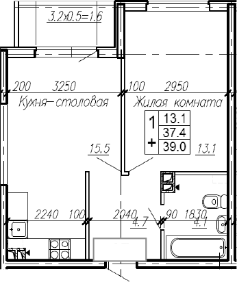 1-комн., 37.4 м², 1/4 этаж, ЖК «Эво»