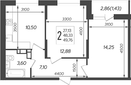 2-комн., 48.33 м², 13/16 этаж, ЖК «Смородина»