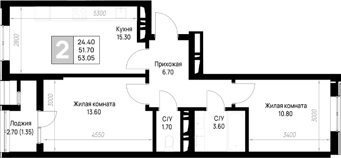 2-комн., 51.7 м², 8/9 этаж, ЖК «На высоком берегу»