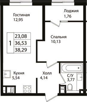 2-комн., 36.53 м², 4/9 этаж, ЖК «Патрики»