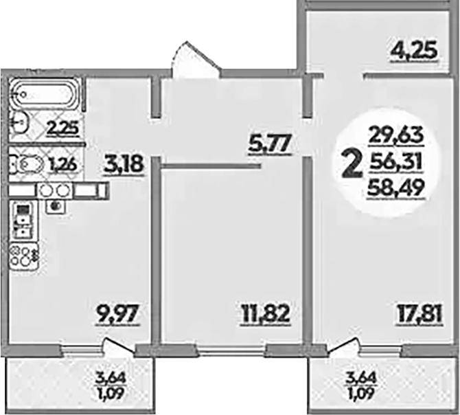 2-комн., 56.31 м², 4/5 этаж, ЖК «Тихорецк»