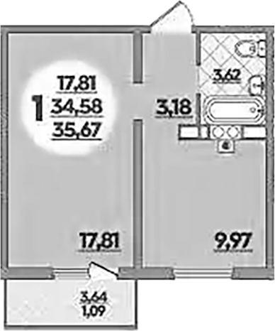 1-комн., 34.58 м², 1/5 этаж, ЖК «Тихорецк»