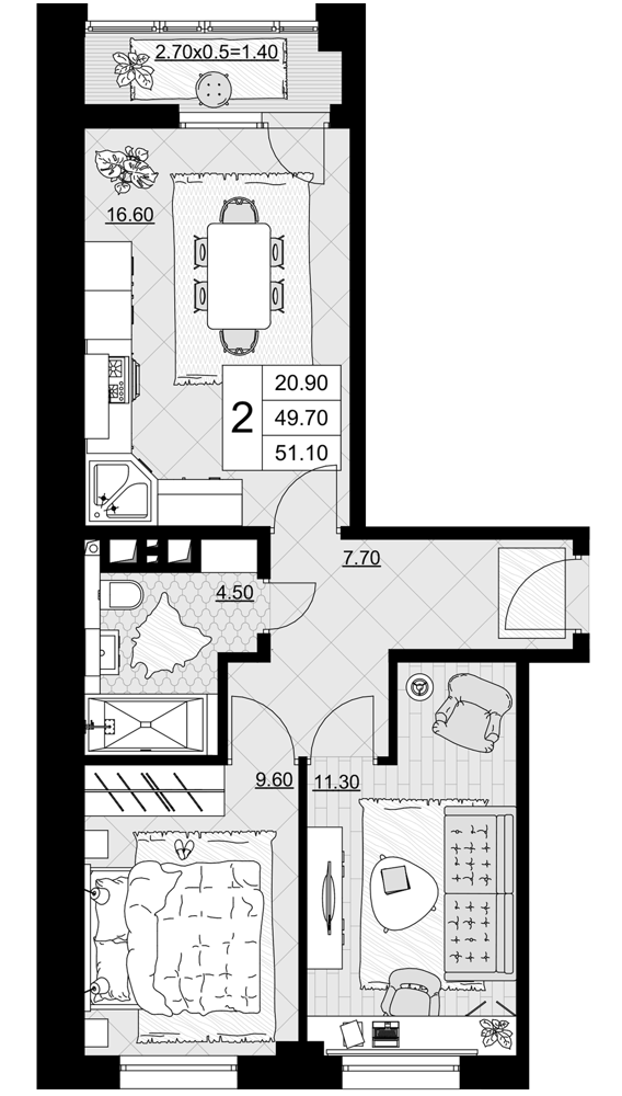 3-комн., 49.7 м², 8/9 этаж, ЖК «Песчаный»
