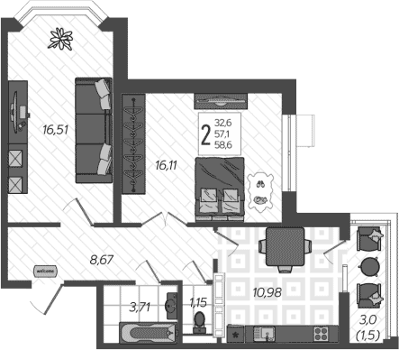 Продается 2-комн. квартира, 57.1 м²