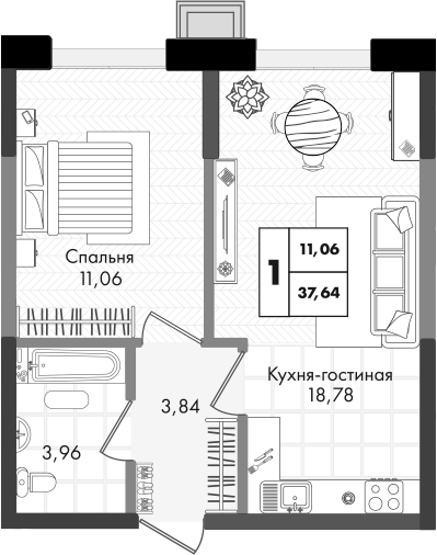 2-комн., 37.64 м², 3/9 этаж, ЖК «Зеленая территория»