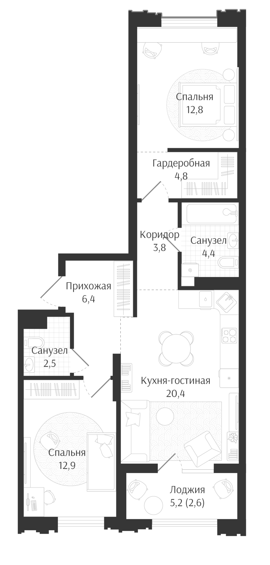 3-комн., 68 м², 4/15 этаж, ЖК «Брют Резиденс»
