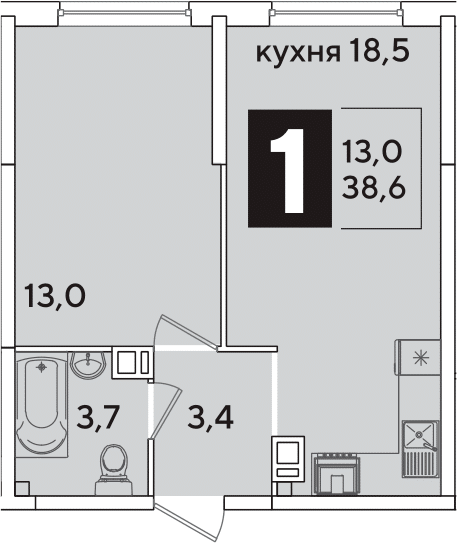 2-комн., 38.6 м², 6/16 этаж, ЖК «Самолет»
