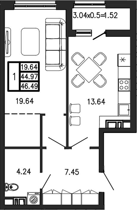 1-комн., 44.98 м², 7/9 этаж, ЖК «Суворов»
