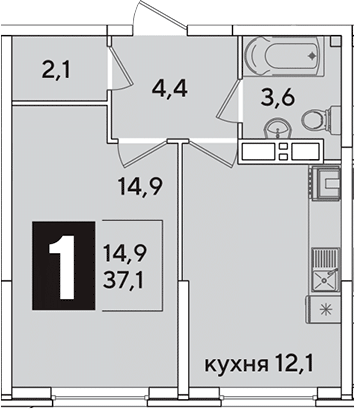 1-комн., 37.1 м², 10/16 этаж, ЖК «Самолет»