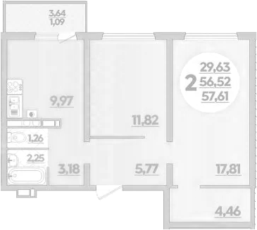 2-комн., 56.52 м², 5/8 этаж, ЖК «Первый»