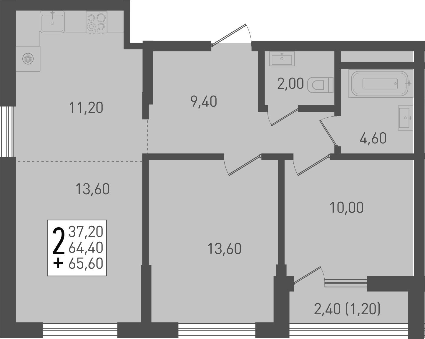 3-комн., 65.3 м², 1/8 этаж, ЖК «Югге»