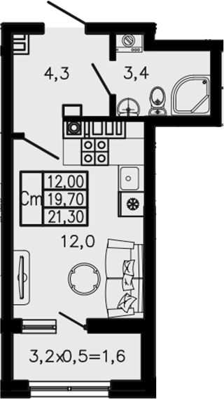Студия, 19.7 м², 4/4 этаж, ЖК «Экосфера»