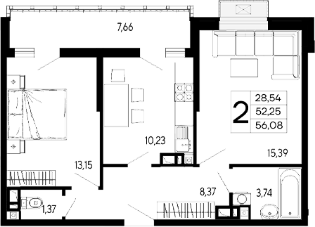 2-комн., 52.25 м², 6/16 этаж, ЖК «Эпос»