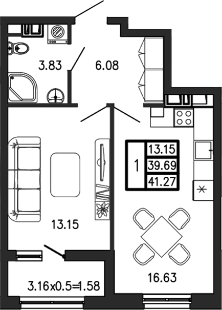 2-комн., 39.69 м², 2/7 этаж, ЖК «Суворов»