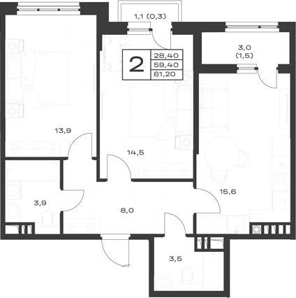Продается 2-комн. квартира, 59.4 м²