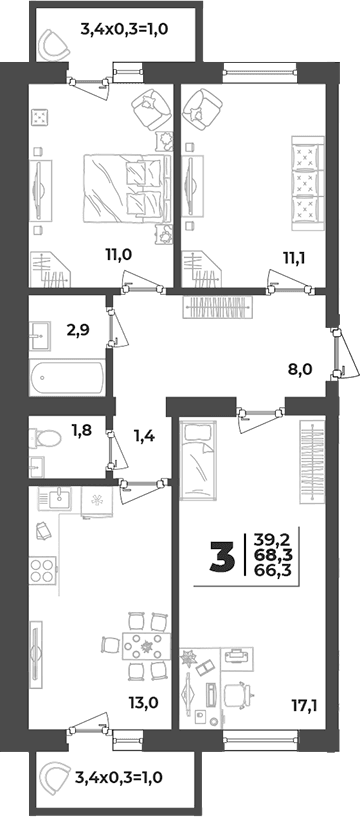 Продается 3-комн. квартира, 66.3 м²