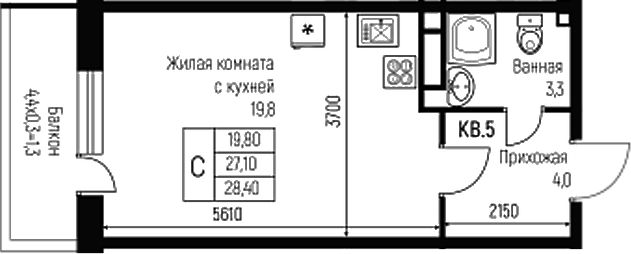 Студия, 27.1 м², 2/3 этаж, ЖК «Nova Vita»