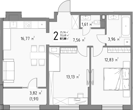 2-комн., 55.68 м², 4/15 этаж, ЖК «Коллекция»
