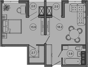 2-комн., 40.7 м², 8/10 этаж, ЖК «Гостиничный комплекс GREENMONT»