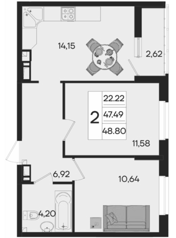 2-комн., 47.49 м², 6/9 этаж, ЖК «Дом 101»