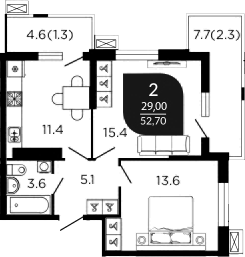 2-комн., 50.7 м², 20/23 этаж, ЖК «Отражение»