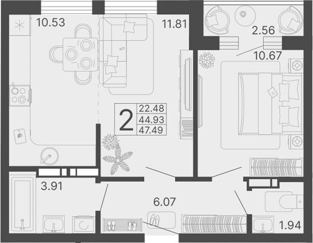 2-комн., 44.93 м², 8/17 этаж, ЖК «Светский лес»