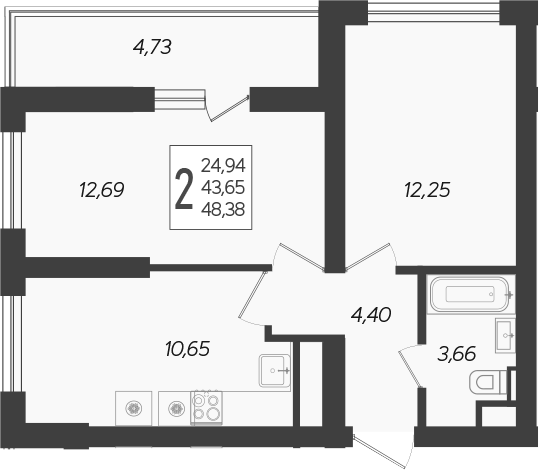 2-комн., 43.65 м², 12/19 этаж, ЖК «Кислород»