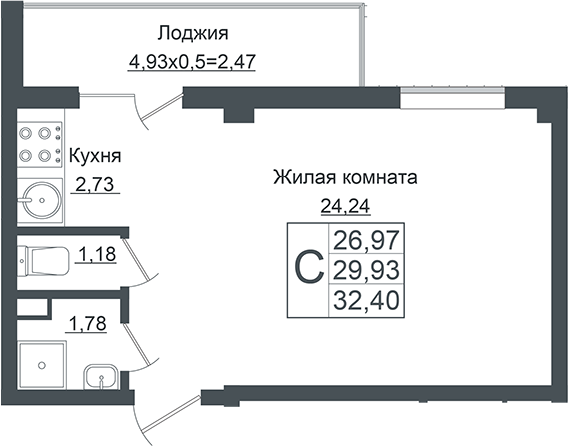 Студия, 29.93 м², 1/7 этаж, ЖК «Европа-Сити»