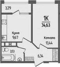 1-комн., 32.98 м², 14/16 этаж, ЖК «Прима»