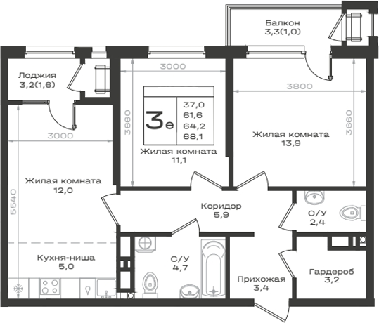 3-комн., 61.6 м², 8/12 этаж, ЖК «Нагория»