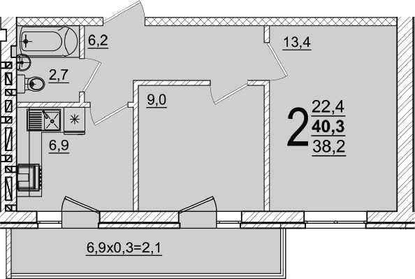 2-комн., 38.2 м², 5/5 этаж, ЖК «Дарград»