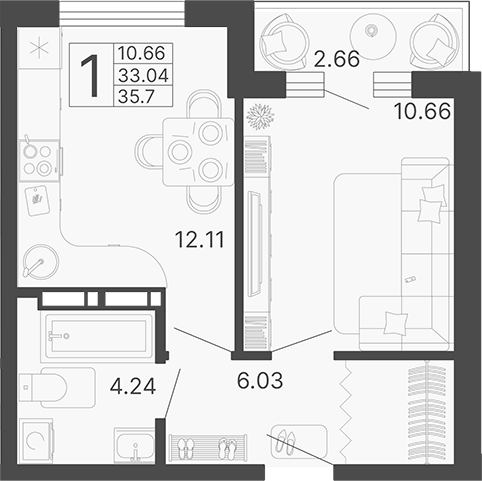 1-комн., 31.71 м², 4/20 этаж, ЖК «Светский лес»