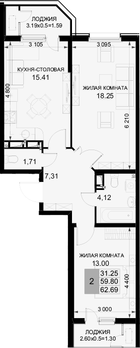 2-комн., 59.8 м², 6/18 этаж, ЖК «Фонтаны»