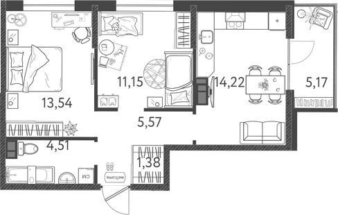 2-комн., 50.37 м², 3/9 этаж, ЖК «Друзья»