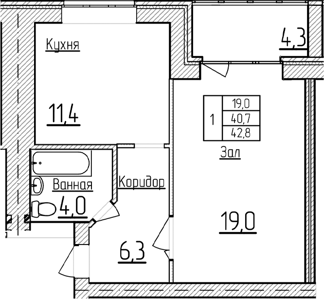 1-комн., 40.65 м², 5/5 этаж, ЖК «Фестивальный»