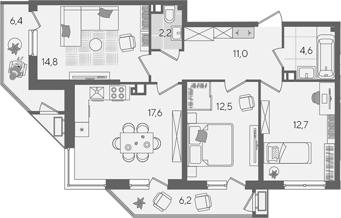 4+ комнаты, 75.4 м², 4/24 этаж, ЖК «Рекорд»
