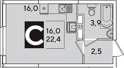 Студия, 22.4 м², 10/16 этаж, ЖК «Самолет»