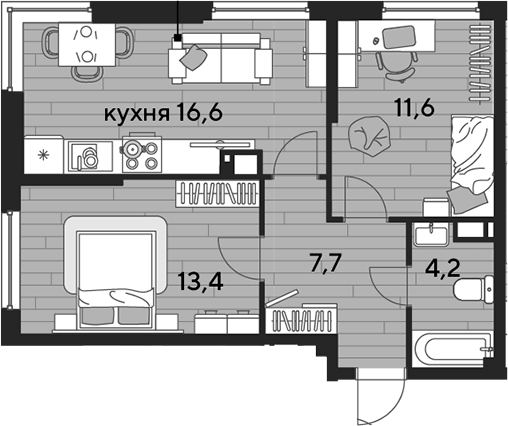 2-комн., 53.5 м², 10/16 этаж, ЖК «DОГМА ПАРК»