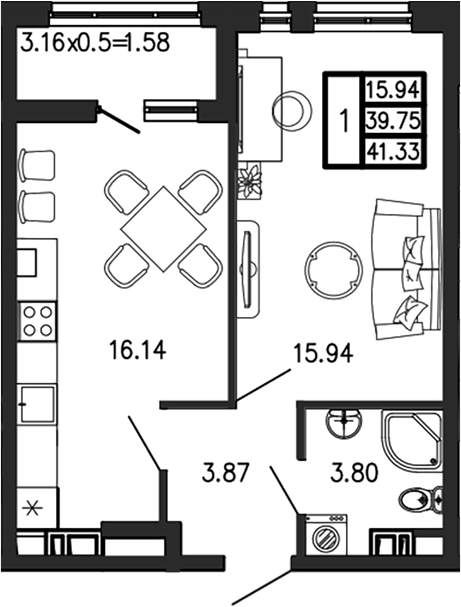 2-комн., 39.72 м², 7/9 этаж, ЖК «Суворов»