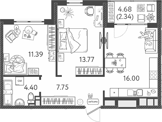 3-комн., 53.1 м², 2/9 этаж, ЖК «Друзья»