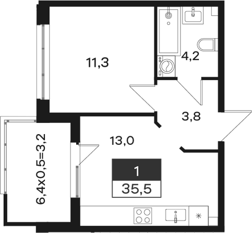 1-комн., 32.3 м², 1/4 этаж, ЖК «Новая Елизаветка»