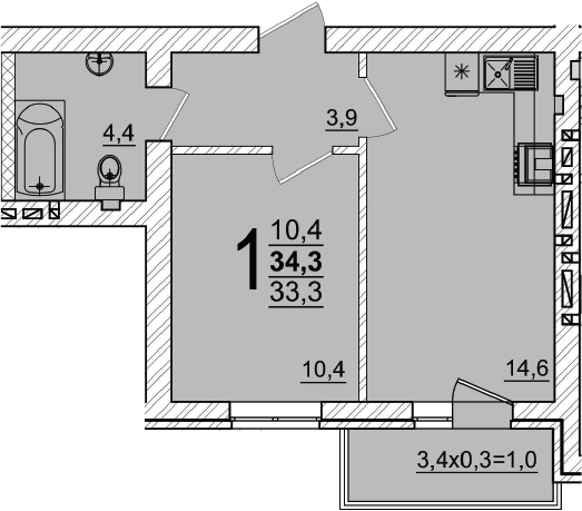 1-комн., 33.3 м², 1/5 этаж, ЖК «Дарград»