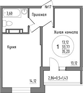 1-комн., 33.77 м², 2/16 этаж, ЖК «Друг»