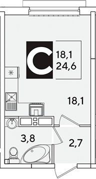 Студия, 24.6 м², 13/16 этаж, ЖК «Самолет»