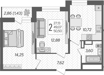 2-комн., 49.07 м², 8/16 этаж, ЖК «Смородина»