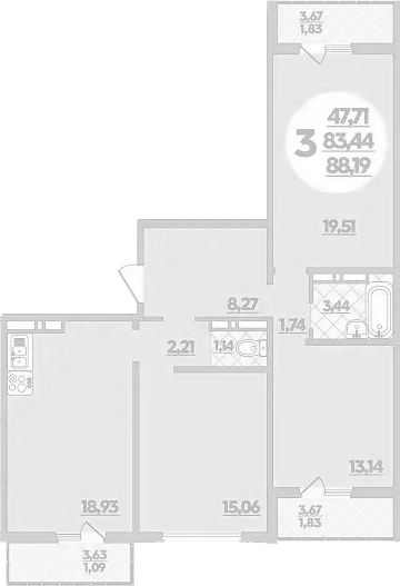 4+ комнаты, 83.44 м², 14/16 этаж, ЖК «Восточный. Квартал №6»