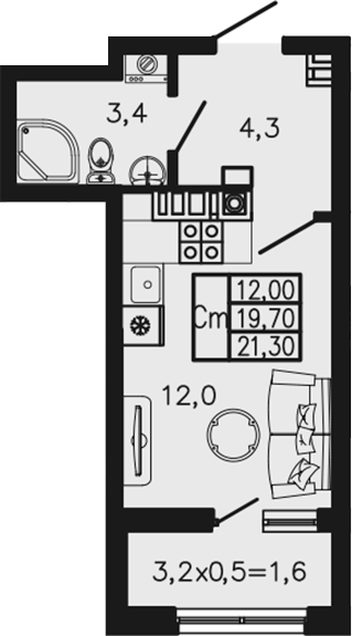 Студия, 19.7 м², 3/4 этаж, ЖК «Экосфера»