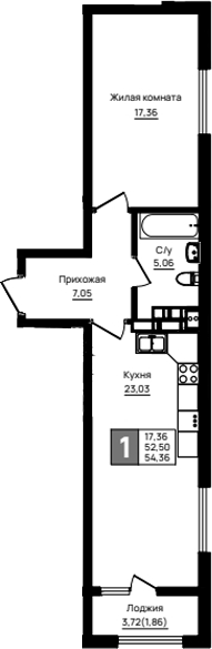 1-комн., 52.5 м², 10/18 этаж, ЖК «Резиденция морей»